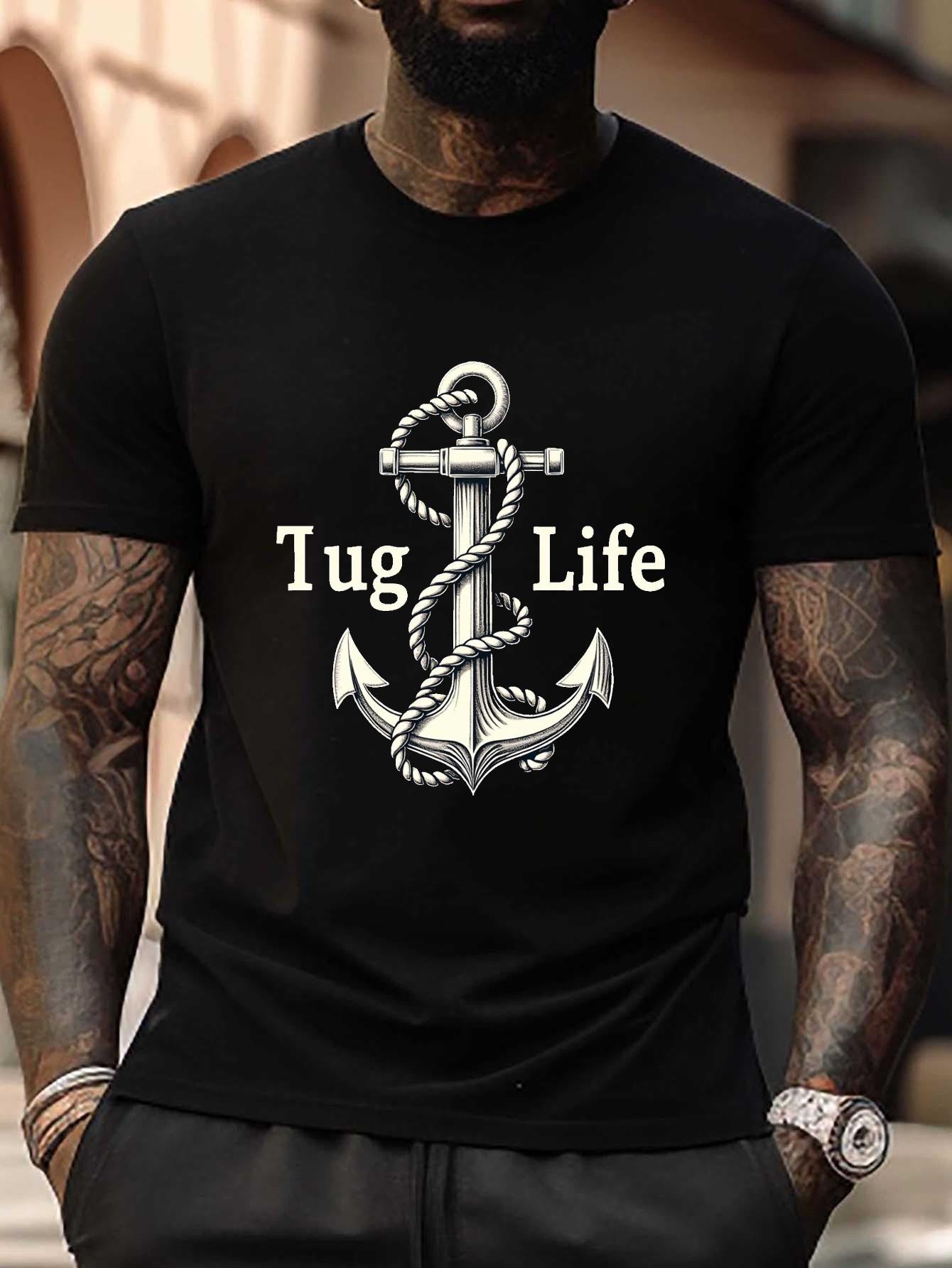 Plus Size Tug Life Anchor Graphic T-shirt - Casual Nautical Theme M