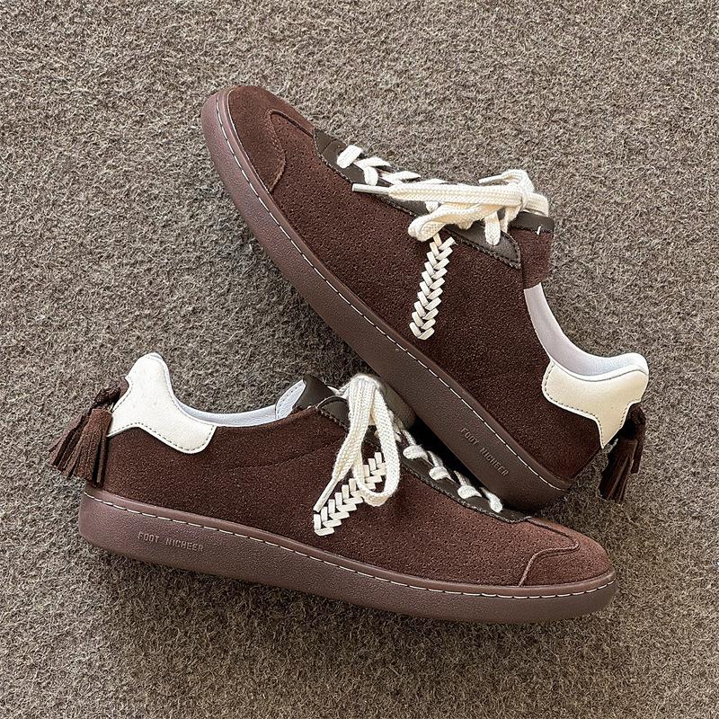 

Кожаная версия ретро плоская подошва немецкие кроссовки женские 2025 осень новые балетки с кисточками повседневная обувь женская спортивная обувь 36 коричневый