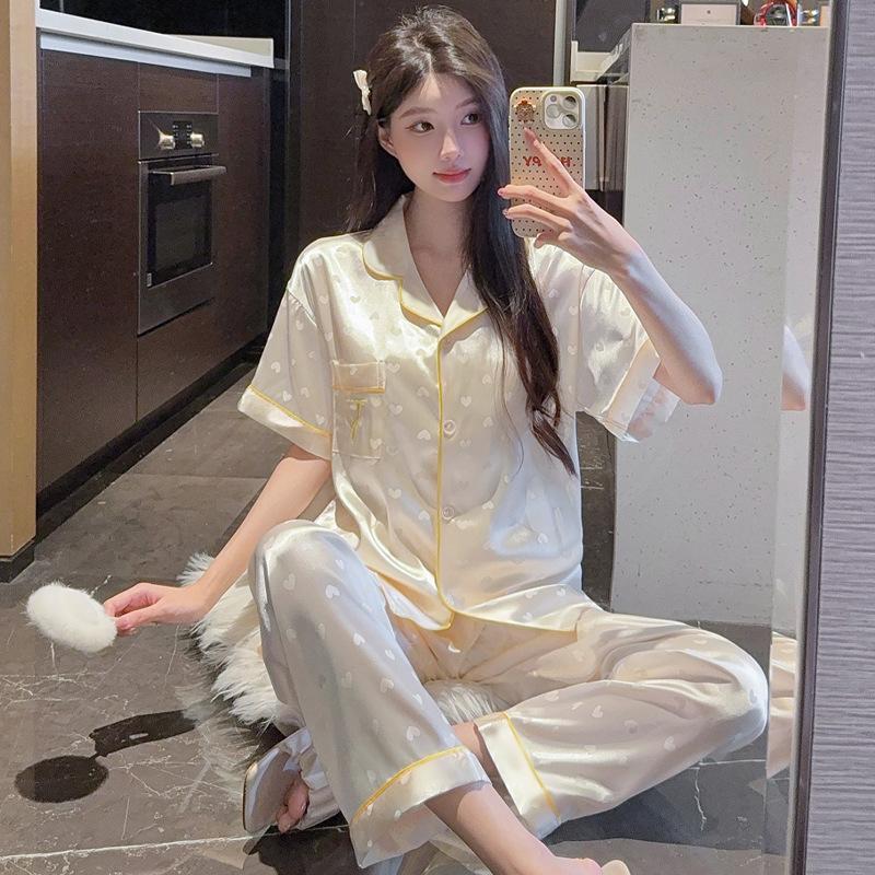 Summer Girl High-End Love Short-Sleeved Trousers Pajamas Women'S Ice Silk Cool Casual Loungewear Set