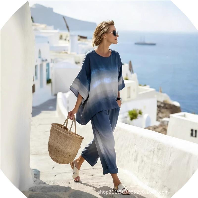 Y1 Women's Clothing, Bohemian Printed Crew Neck Medium Sleeve Set 1116 Summer Comfortable Casual Two-piece Set Europe and America