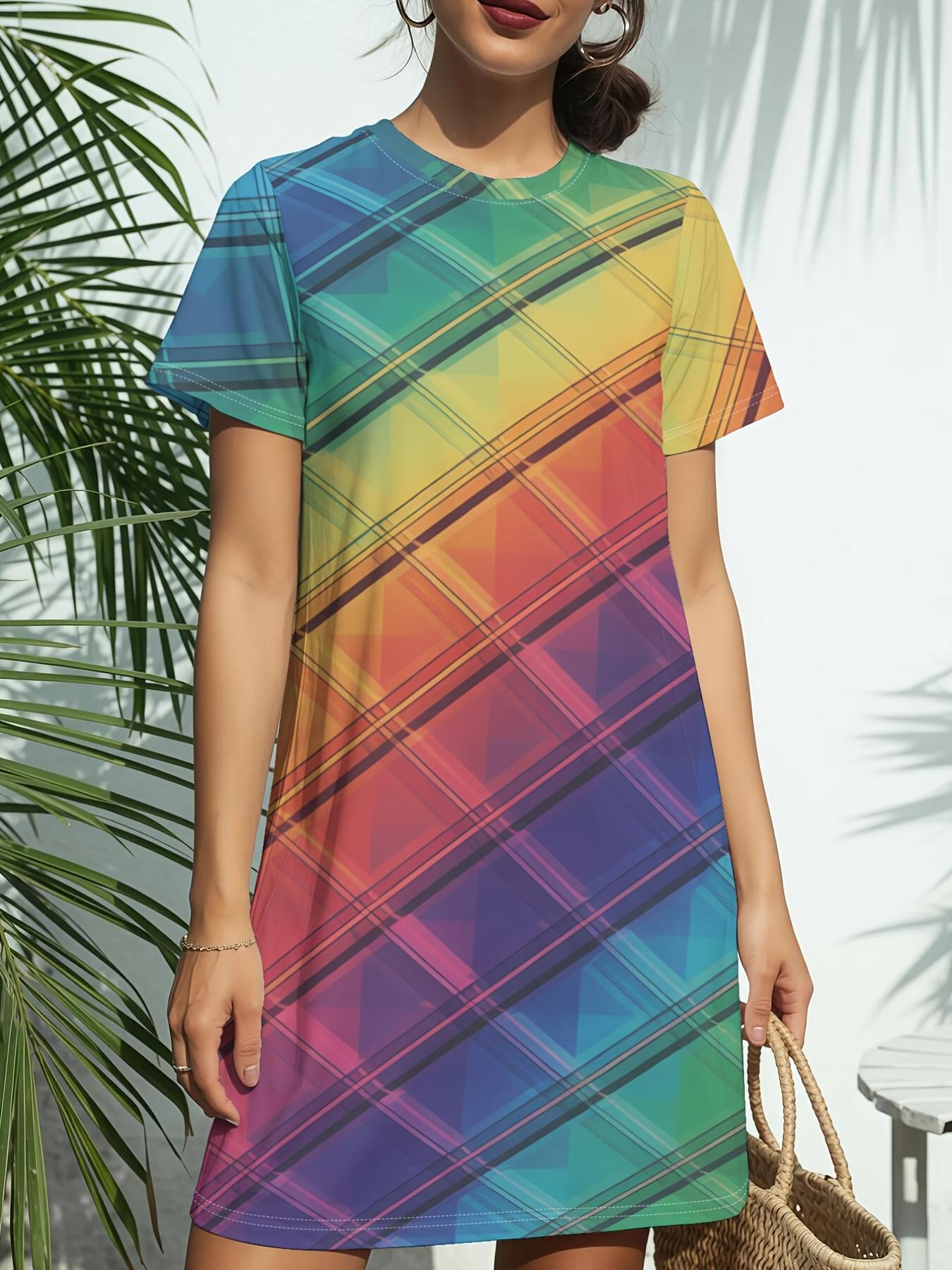 Rainbow Digital PopNew Women s Crew Neck Short Sleeve T-Shirt Dress. American Style Fashion Trend Digital Print. Spring ; Summer Casual Versatile - El L дубильная кора