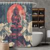 Red Buddha Theme Shower Curtain, Serene Statue With Glowing Moon & Mountains, Mystical Design, Polyester, Stylish Bath Decor