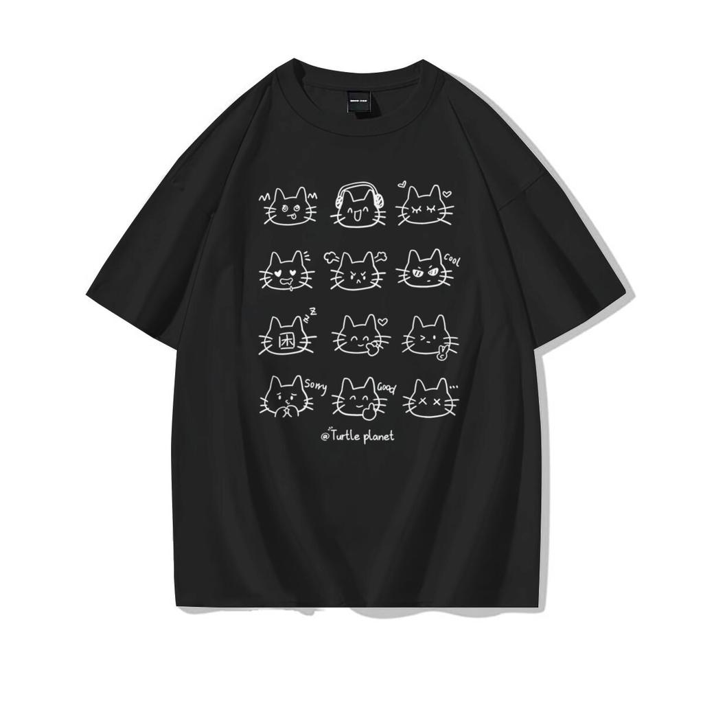 Cute Cat Print Casual Tee Shirt Cotton Harajuku Trend Girls Short Sleeve Tshirt Girls Breathable ONeck Tops Girl Clothing