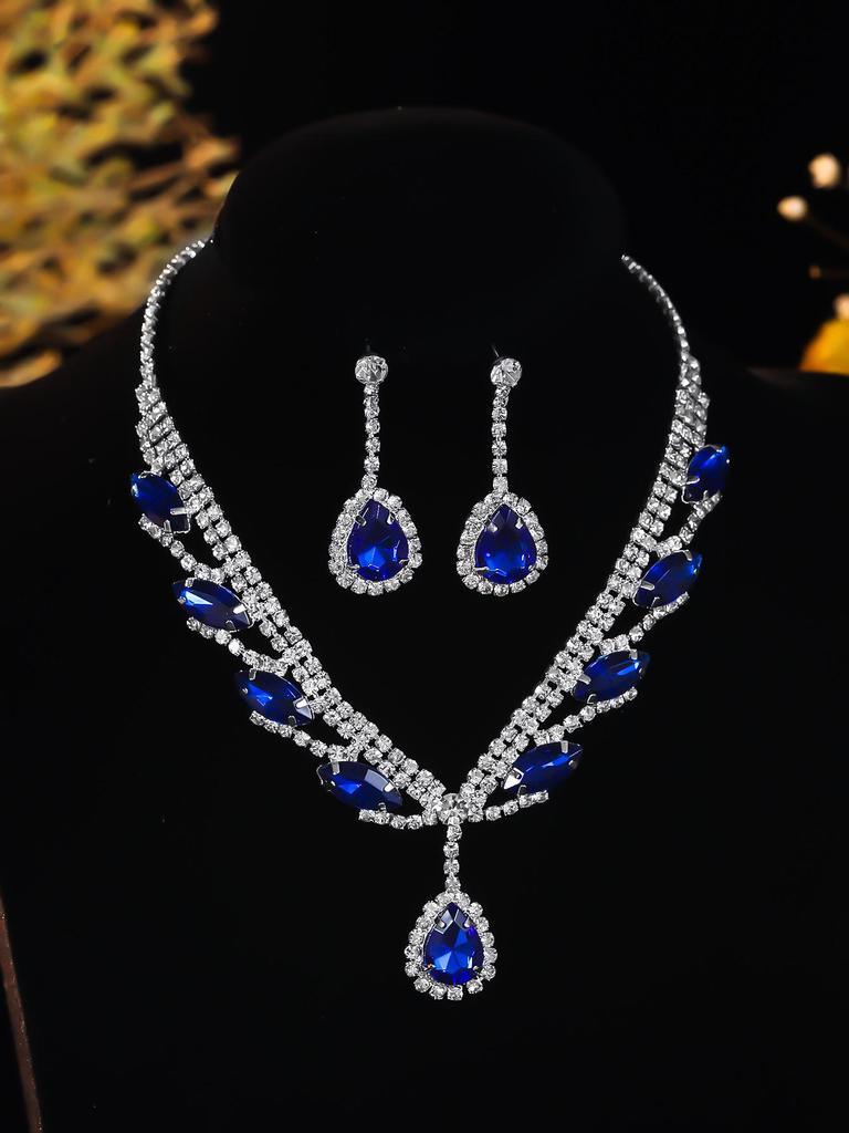 Luxury Rhinestone Teardrop Pendant Necklace & Earring Set In Apple Green for Bridal Wear