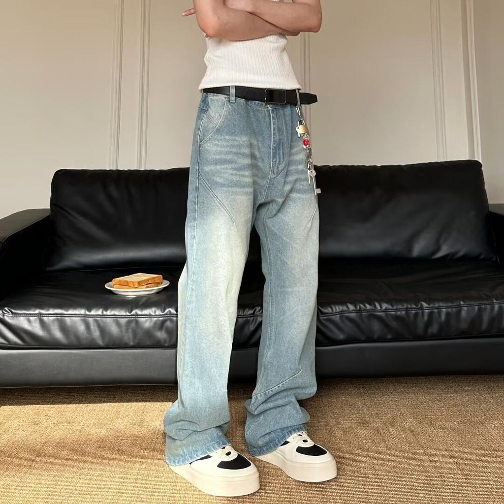 Autumn And Winter New American High Street Washed Light Colored Jeans For Men And Women Straight Leg Slightly Flared Loose Wide Leg Pants