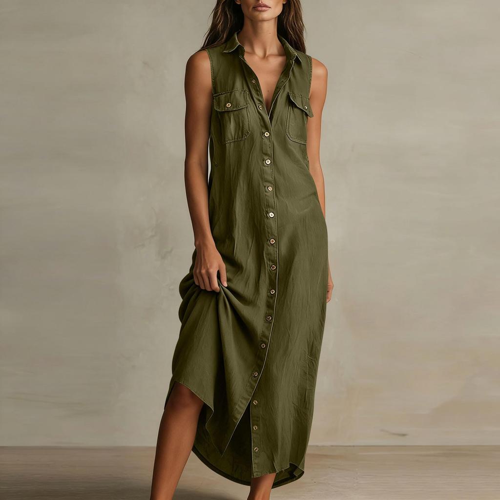 Women Sleeveless Button Down Maxi Dress Loose Fit Bohemian Vacation Beach Dress with Collar and Pockets Linen Blend Casual Sundress