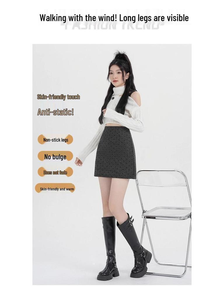 Woolen Polka Dot High-Waisted A-Line Skirt - Petite Hip-Hugging Style for Women, Autumn/Winter 2025