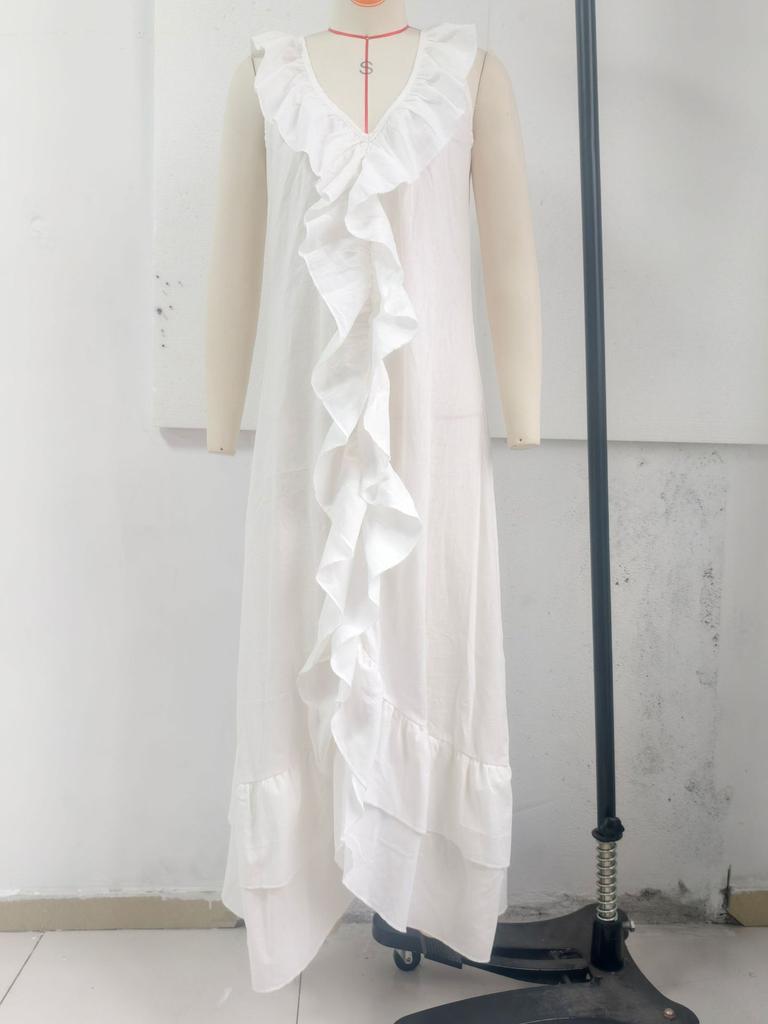 2026 Casual Bohemian Urban V-Neck Short Sleeve Ruffle Edge Vintage Dress Vacation Style