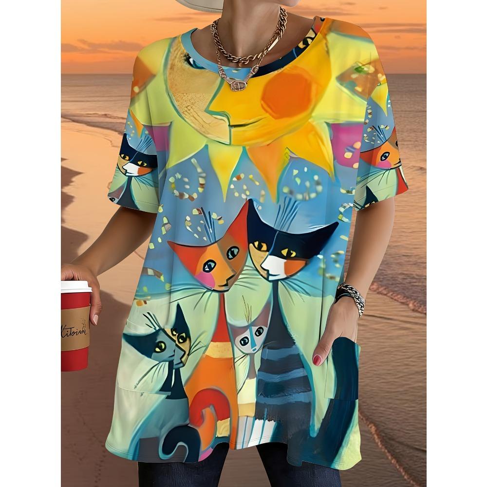 Women's Loose Fit Short Sleeve T-Shirt Printed with Colorful Abstract Cat Design Suitable for Daily Commuting
