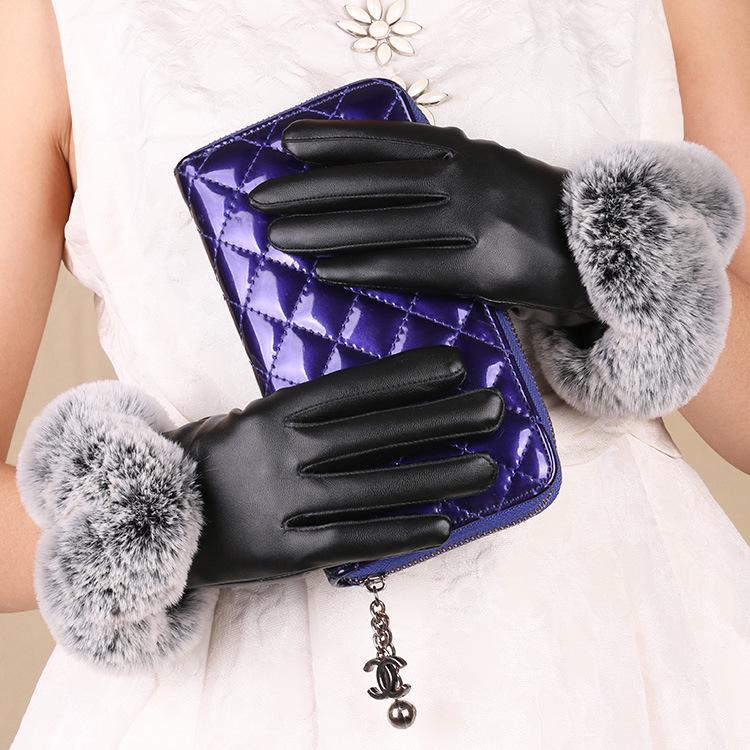 Winter Women's Warm Gloves PU Leather Plus Fleece Warm and Cold Proof Driver Rabbit Fur Mouth Winter Touch Screen Gloves