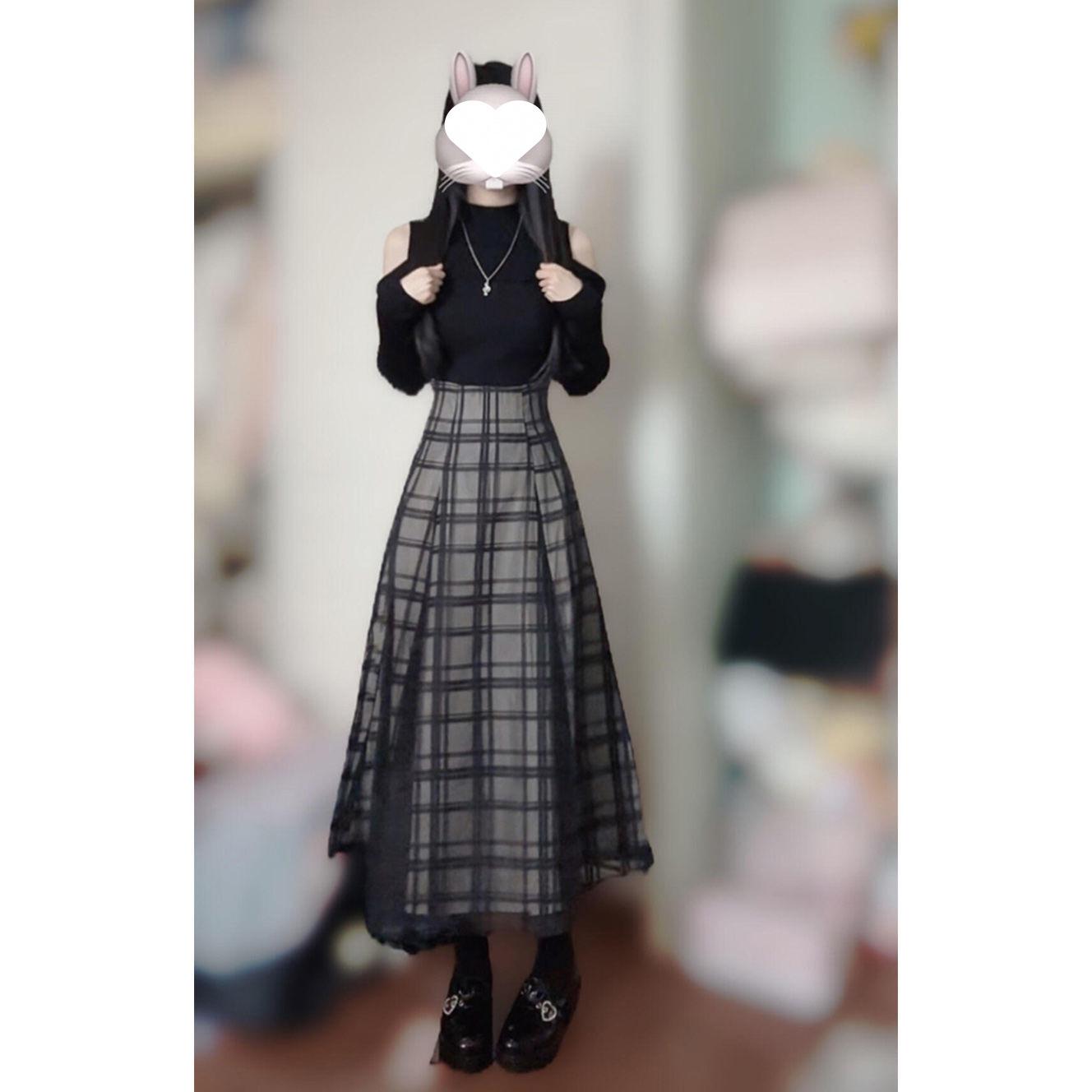 Осенний японский ретро клетчатый комплект из двух предметов: Черный узкий комплект: топ и юбка Small