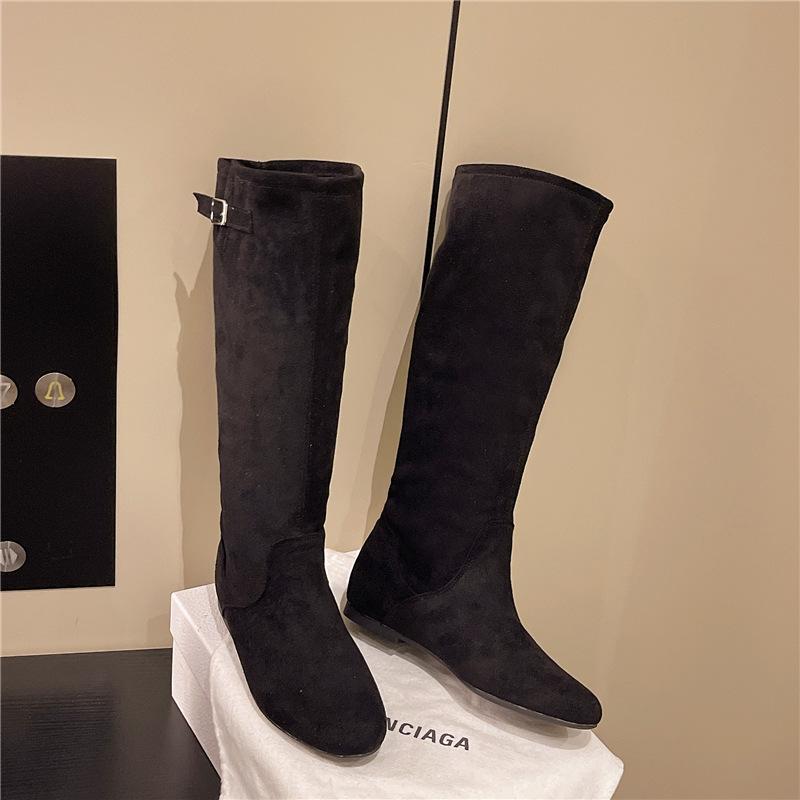 

2025 осень и зима новые ретро замшевые сапоги детские с внутренней платформой круглый носок высокое голенище тонкие западные сапоги на ворсе 40 чёрный