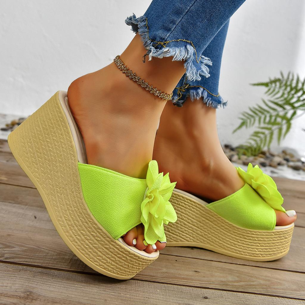Fashion Aphixta Green Baby Pink New 3.54 Inch Hight Wedge Heels Appliques Flowers Platform Slides Women