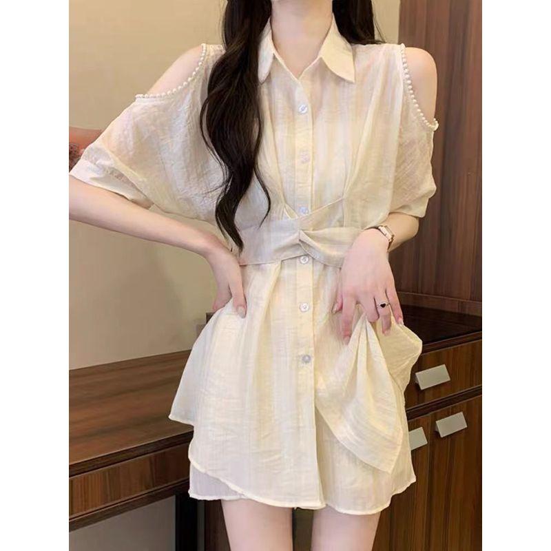 

Размер Женская одежда Рабочая одежда Летняя защита от солнца С открытыми плечами Приталенная талия Рубашка Большой размер Женский Стройнящий и Модный Костюм с шортами Milky White XXL (65.00 kg-70.00 kg