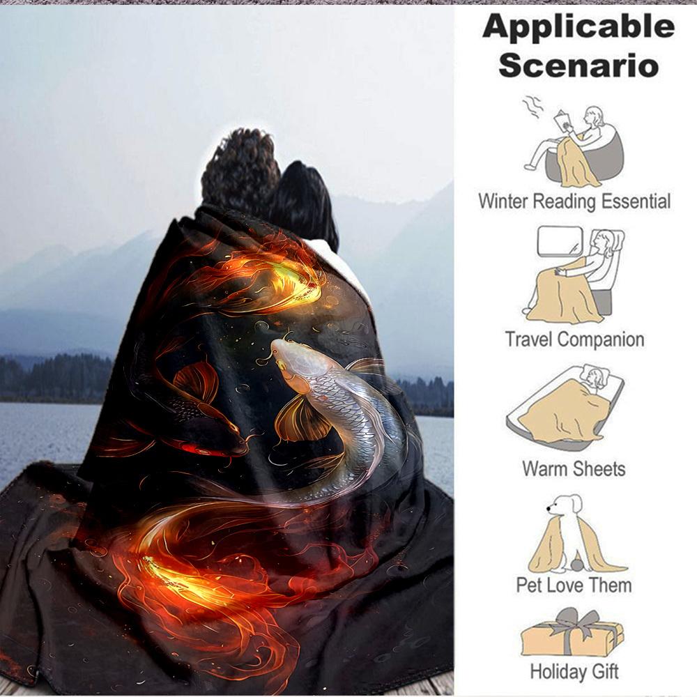 1pc Koi Fish Yin Yang Blanket, Lightweight Flannel Throw For Sofa, Bed, Travel, Camping, Livingroom, Office, Couch, Chair