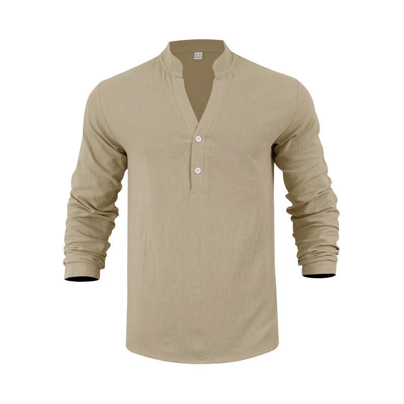 Linen Shirt Stand Collar Button-Up Men's Loose-Fit Casual Breathable V-Neck Henley Long-Sleeved T-Shirt for Men