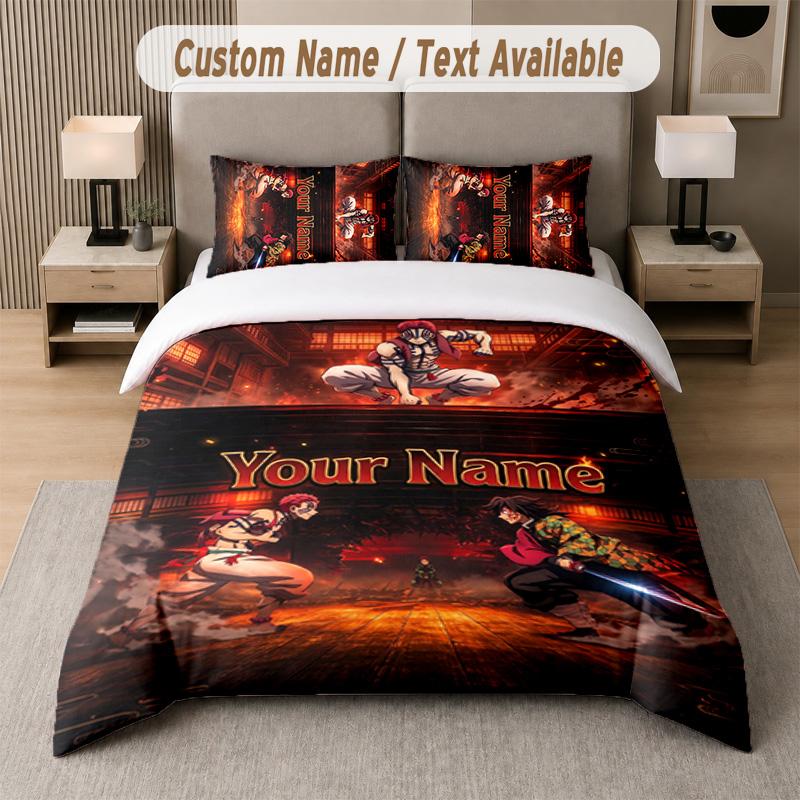Demon Slayer 3Pcs Bedding Set, Personalized Custom Name Text, 1 Duvet Cover & 2 Pillowcases For Bedroom