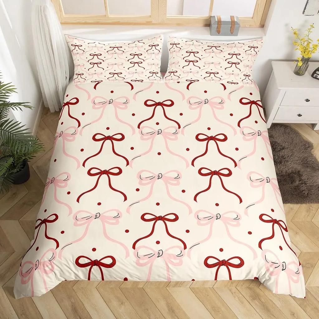 3D Bowknot Print Duvet Cover Set, Cute Bow Heart Pattern Bedding Set, Soft Microfiber Quilt Cover With Pillowcases