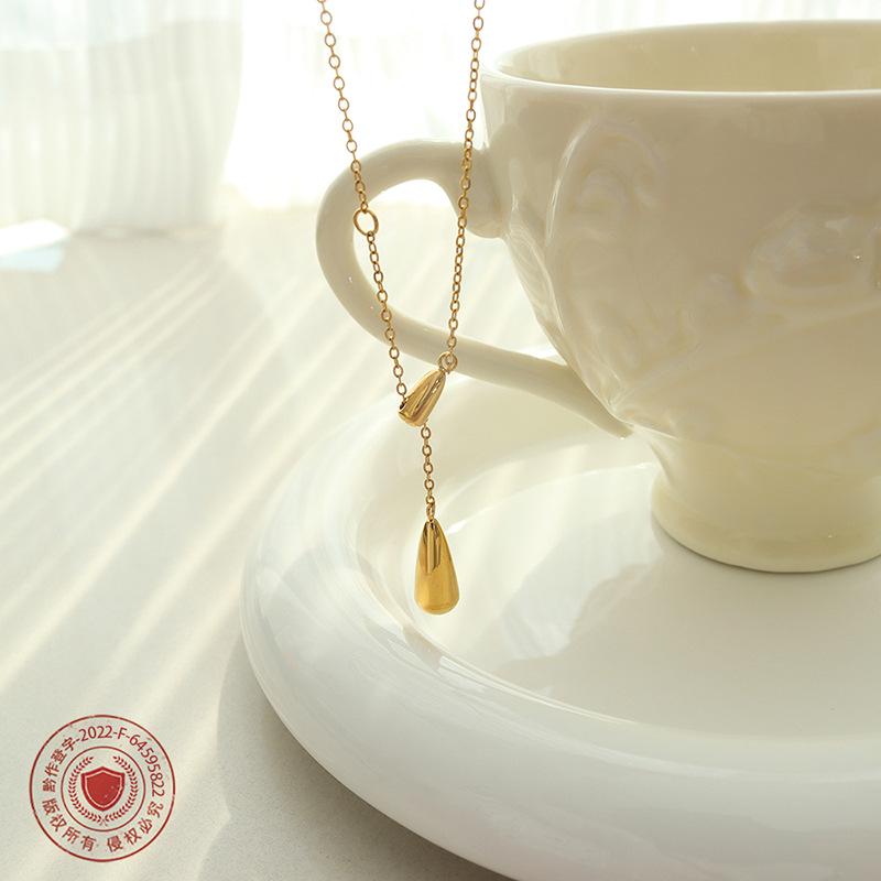 Non-Fading Minimalist Geometric Metal Teardrop Tassel Titanium Steel Necklace for Women (P332)