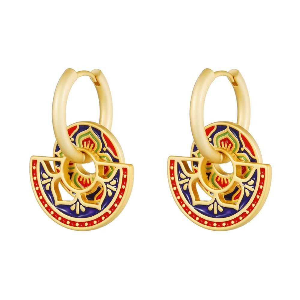 

Customized New Chinese Fan-Shaped Oil Drip Design Ear Buckle Enamel Painted Stud Earrings Ethnic Style Guochao Earrings Ear