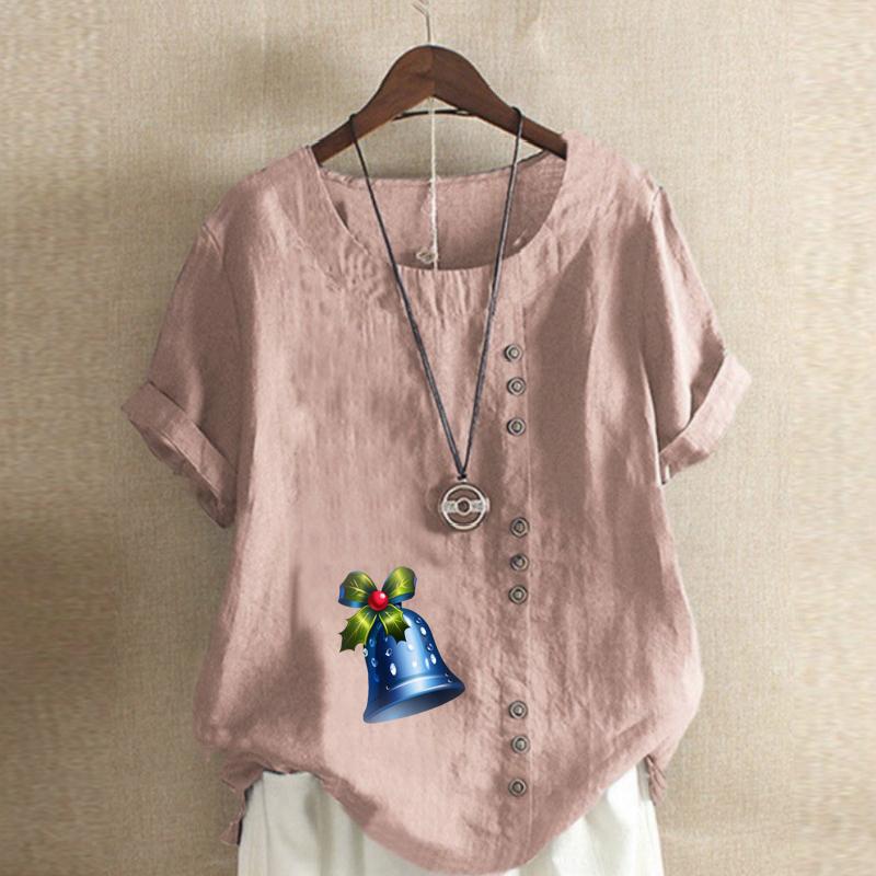 Women's Fashion Small Bell Prined Round Neck Short Sleeve T-shirt Casual Cotton Linen Graphic Shirt Leisure Loose Summer Blouse Tops