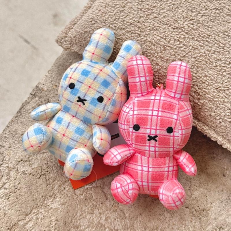 Vintage Plaid Miffy Bunny Plush Keychain Soft Fluffy Cartoon Rabbit Keyring Portable Nijntje Handbag Backpack Pendant Girly Gift