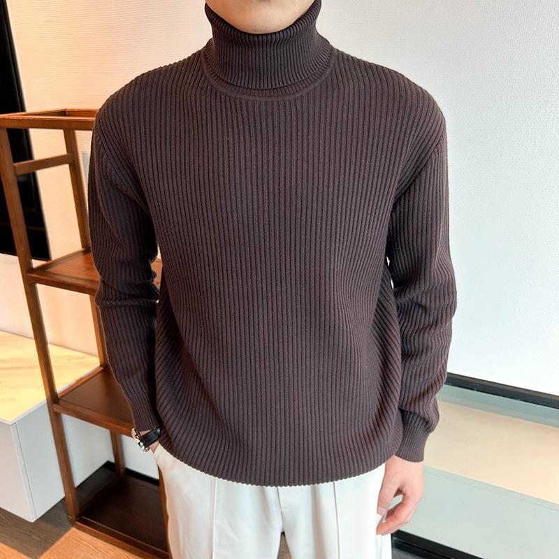 Men's Korean Style Ribbed High Neck Sweater - Autumn/Winter Versatile Long Sleeve Knitwear