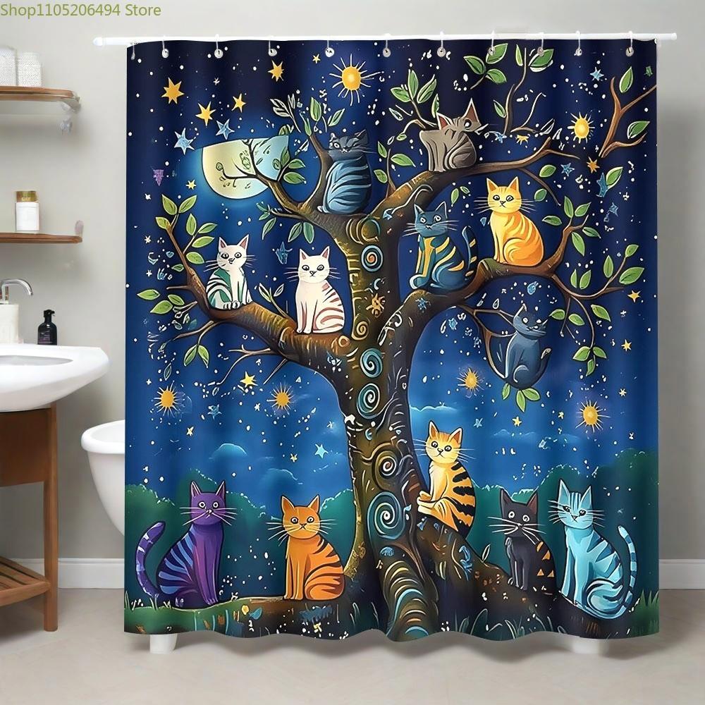 1pc 1pcs Whimsical Cat Tree Shower Curtain Suitable for & - Magical Starry Night Cat-Themed Bath Curtain with Grommets, -Care,