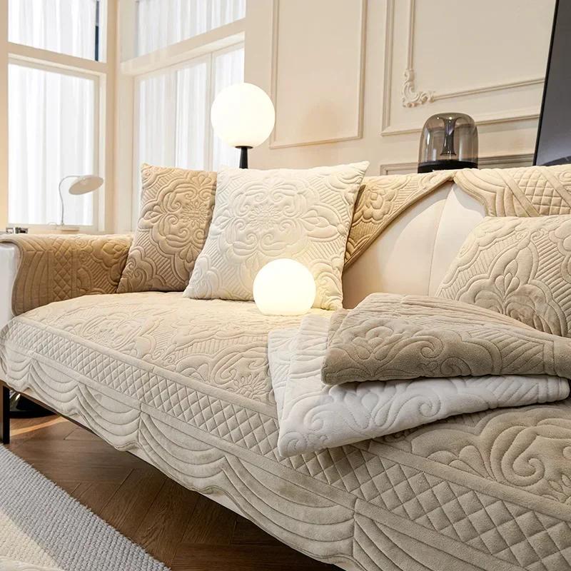 Short Plush Sofa Cushion for Autumn Winter Embossed Wave Edge Sofas Towel Pillow Cover L-shaped Sofa Cover Slip Wear Resistant