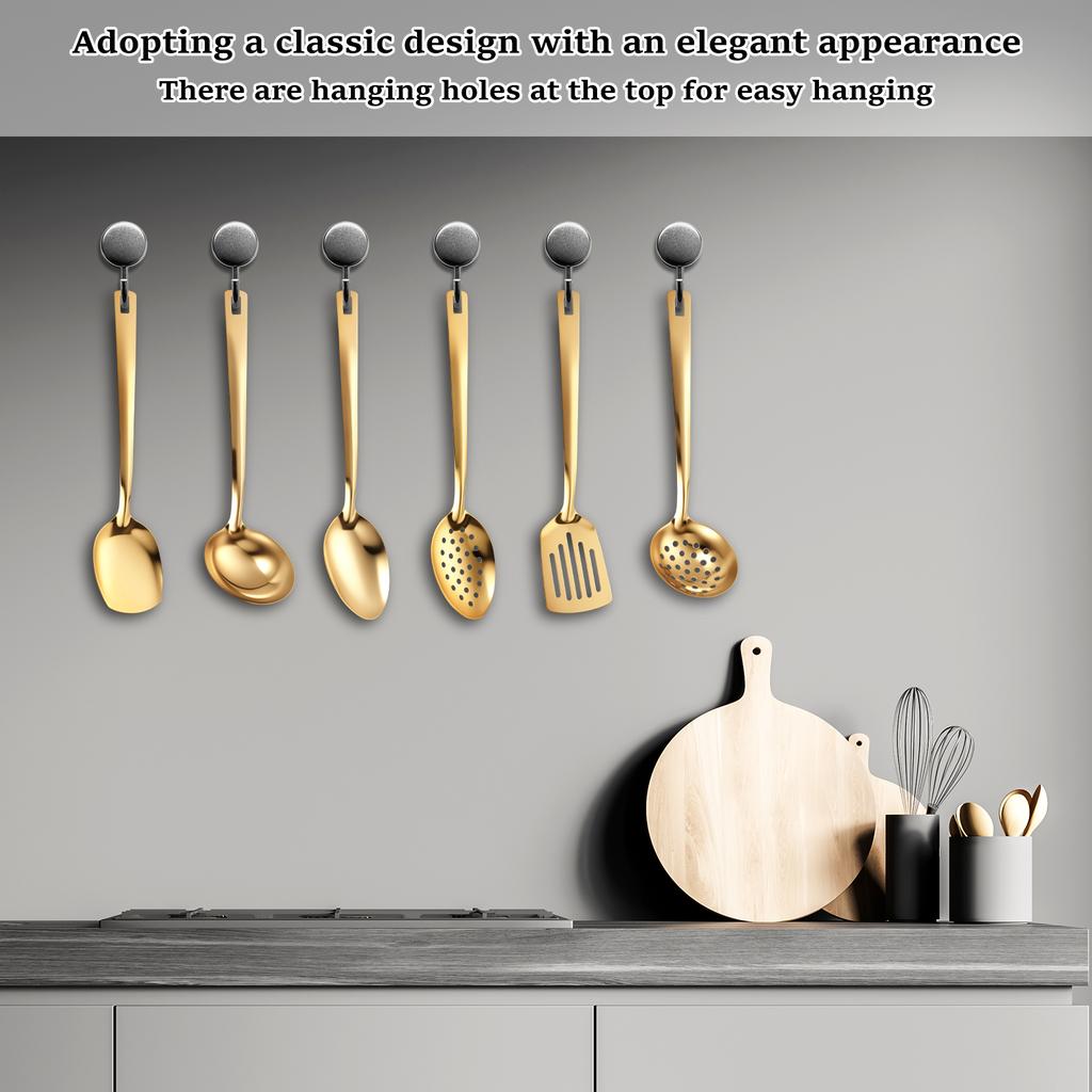 6pcs Kitchen Utensil Set Stainless Steel Spoon and Spatula Set Cooking Utensils Set with Hanging Hole for Nonstick Pans Cookware