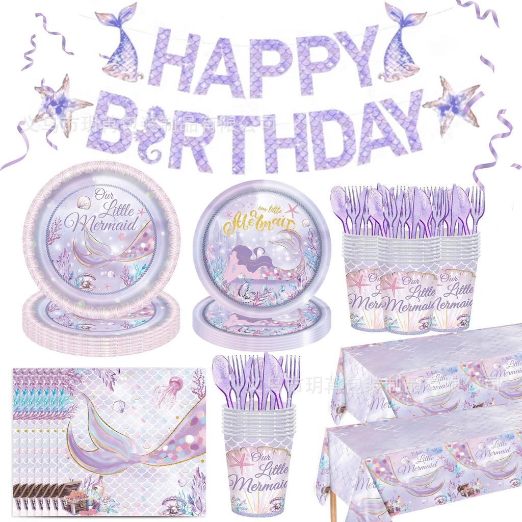 Purple Mermaid Disposable Tableware Set Our Little Mermaid Plates Cups Napkins Kids Girls Happy Mermaid Birthday Party Supplies