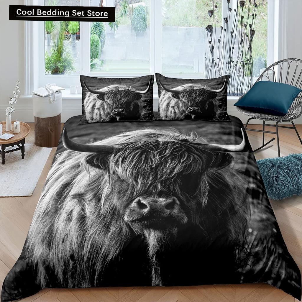Highland Cow King Queen Duvet Cover Bull Bedding Set for Adults Cattle 2/3pcs Quilt Cover Farm Animal Polyester Comforter Cover