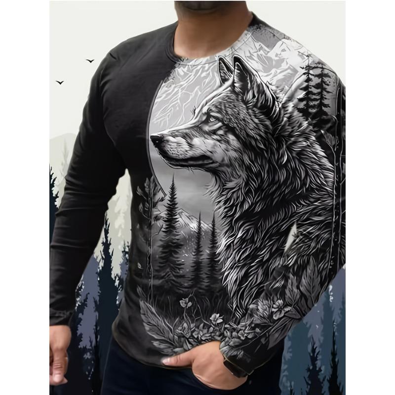 

Men s Vintage Wolf Graphic Long Sleeve T-Shirts Casual Hip Hop Style Round Neck Pullover S
