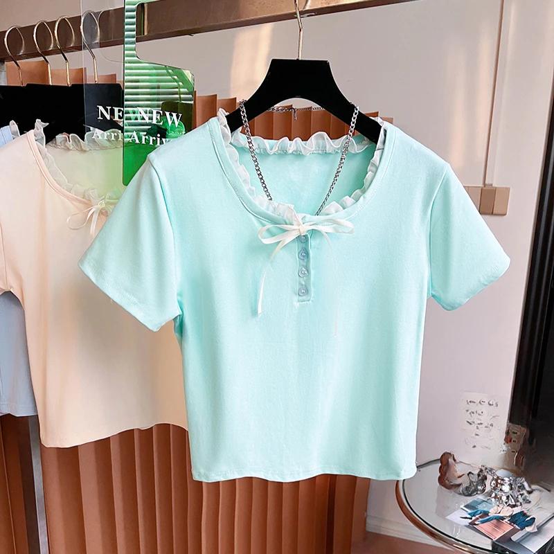 Női nyári rövid ujjú pólók koreai tiszta pamut egyszínű póló O nyakú csipke betétes crop top póló női alkalmi karcsúsított póló