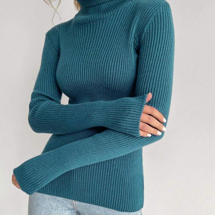 Women Autumn Winter Slim High Neck Knitted Sweater Long Sleeve Solid Color All Match Base