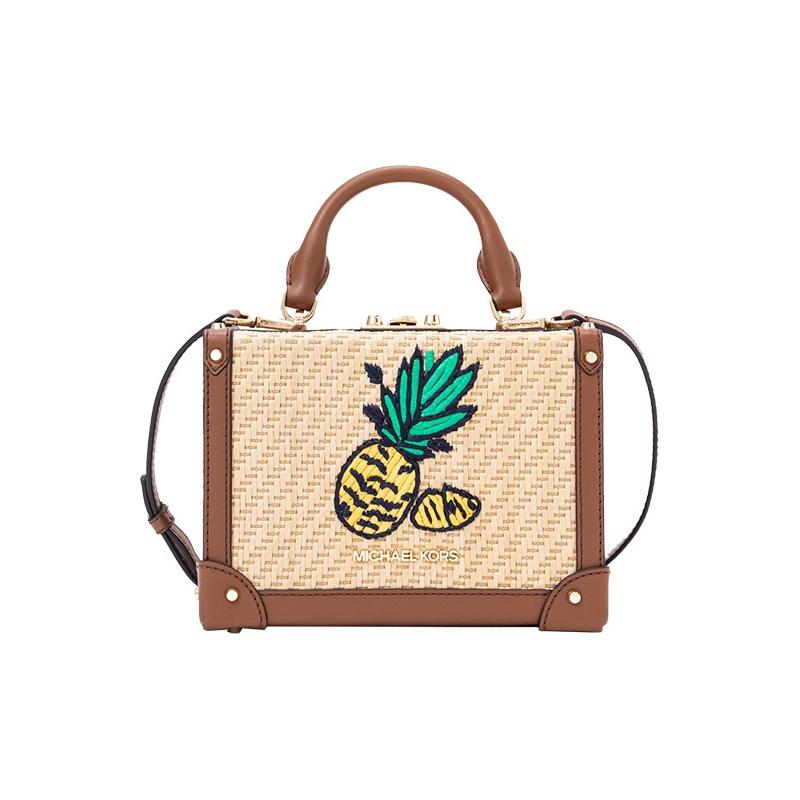 

Michael Kors Island Escape Woven Pineapple Print Color Block Vacation Style Leather Small Square Bag Women handbags Brown 35T1G5IC2W-NATURAL-MLT Basic Set (Bag+Dust Bag)