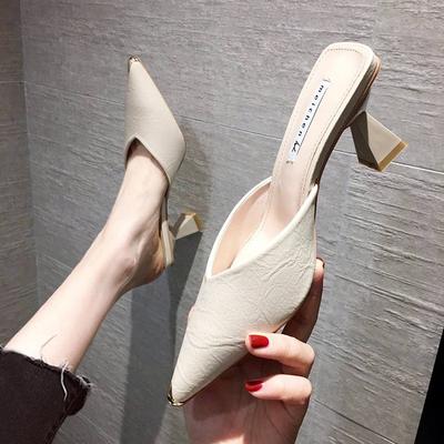 Baotou Half Slippers Women Wear Versatile Pointed High Heel Thick Heel Cool Slippers Women's Summer Middle Heel Fashion Shoes