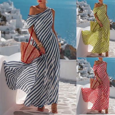 Women's Off Shoulder Sleeveless Maxi Dress Loose Fit High Waist Elegant Striped Casual Dress