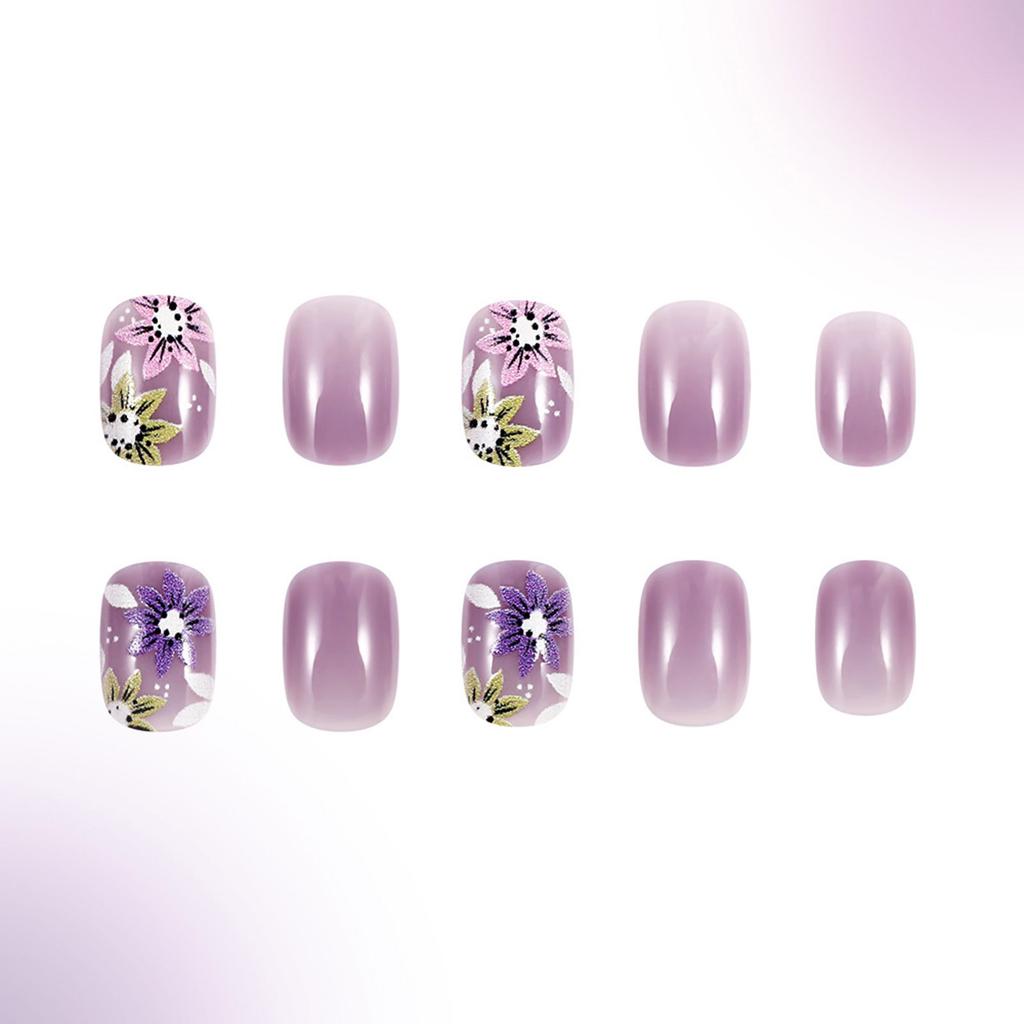 24 Pieces Press On Nail Short Square False Nail Purple Floral French Tips Full Cover Manicure Designs for Women