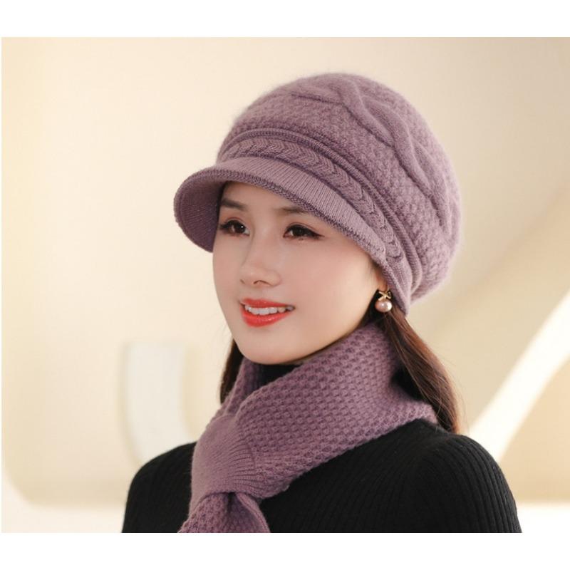 Scarf, Hat Sets Middle Aged Old Aged Mother Hat with Velvet Thickened Rabbit Hair Warm Basin Hat with Fried Dough Twists Autumn Winter