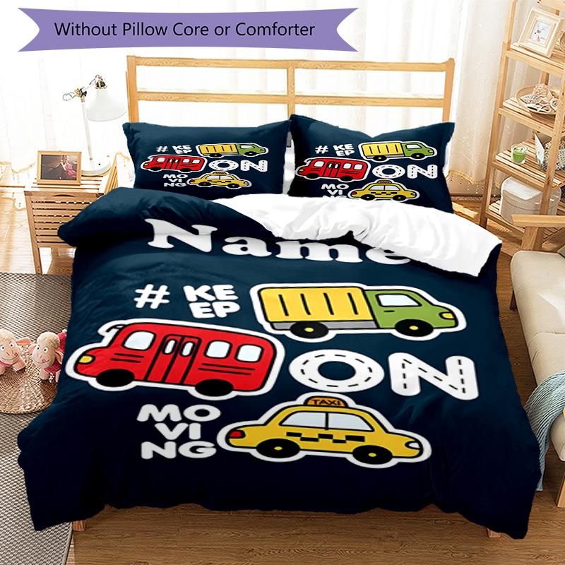 3pcs Custom Name Cute cars Bedding Set Duvet Cover Closure Includes 1 Duvet Cover & 2 Pillowcases, Soft and Comfortable for All Seasons.