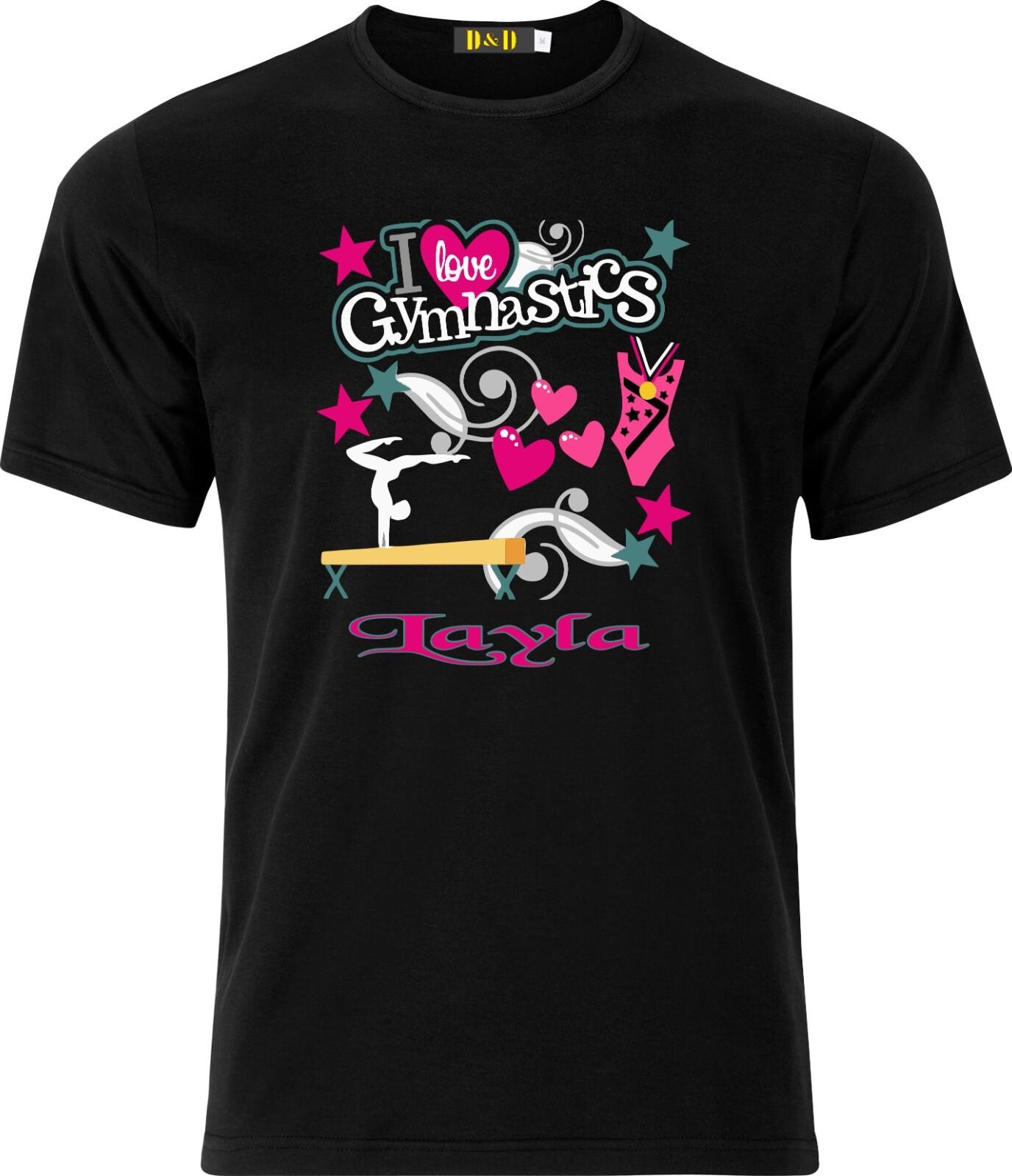 Personalised I Love Gymnastics Full Colour D.T.F Black Cotton T Shirt Mens Womens Tees Top S