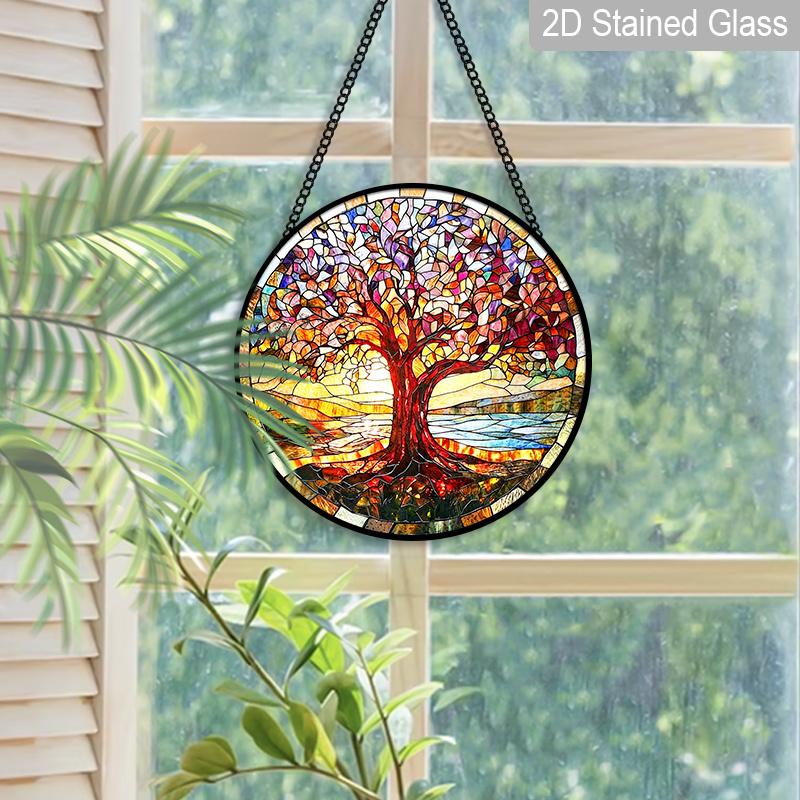 2D Flat Stained Glass Red Tree of Life Window Decoration, 7.87inches Lighting Colored Glass Plate with Chain, Charming Spring Summer Sun Catcher Home