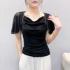 New Fashion Women's Chic Butterfly Sleeve Hot Diamonds Summer T-shirt Sexy Square Neck Slim Mesh Tops Elegant Female Tees