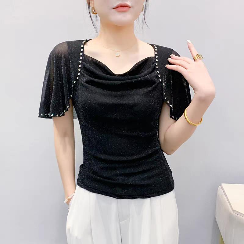 New Fashion Women's Chic Butterfly Sleeve Hot Diamonds Summer T-shirt Sexy Square Neck Slim Mesh Tops Elegant Female Tees