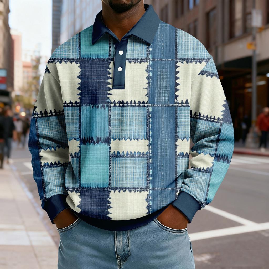 Men's Casual Loose Colorblock Print Lapel Button Long Sleeve Top