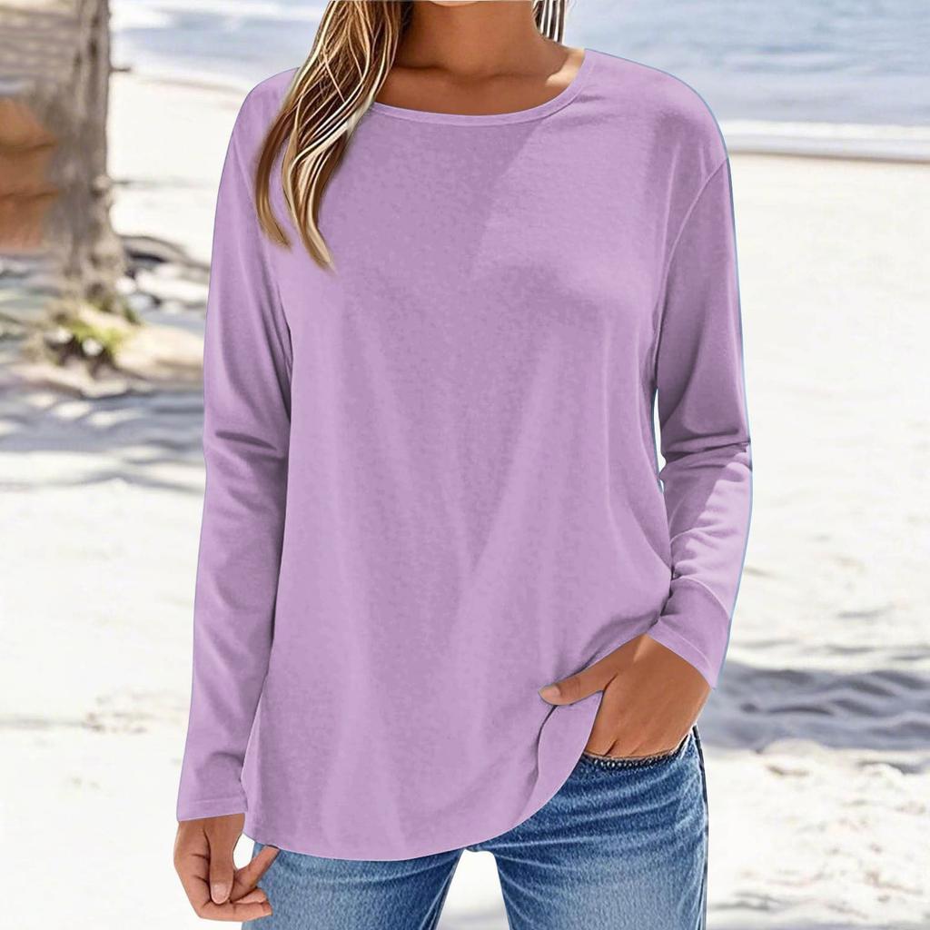 Women's Fashionable Casual Color Long Sleeved Round Neck Top Round Neck Top