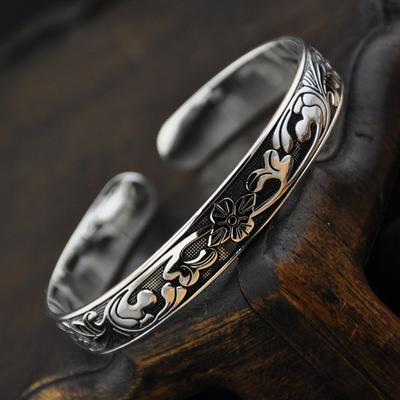 Bracelet Classique Rétro Argenté Fleur de Lotus pour Femmes Style Ethnique Feuille de Lotus Bracelet Ouvert Rétro Bijoux