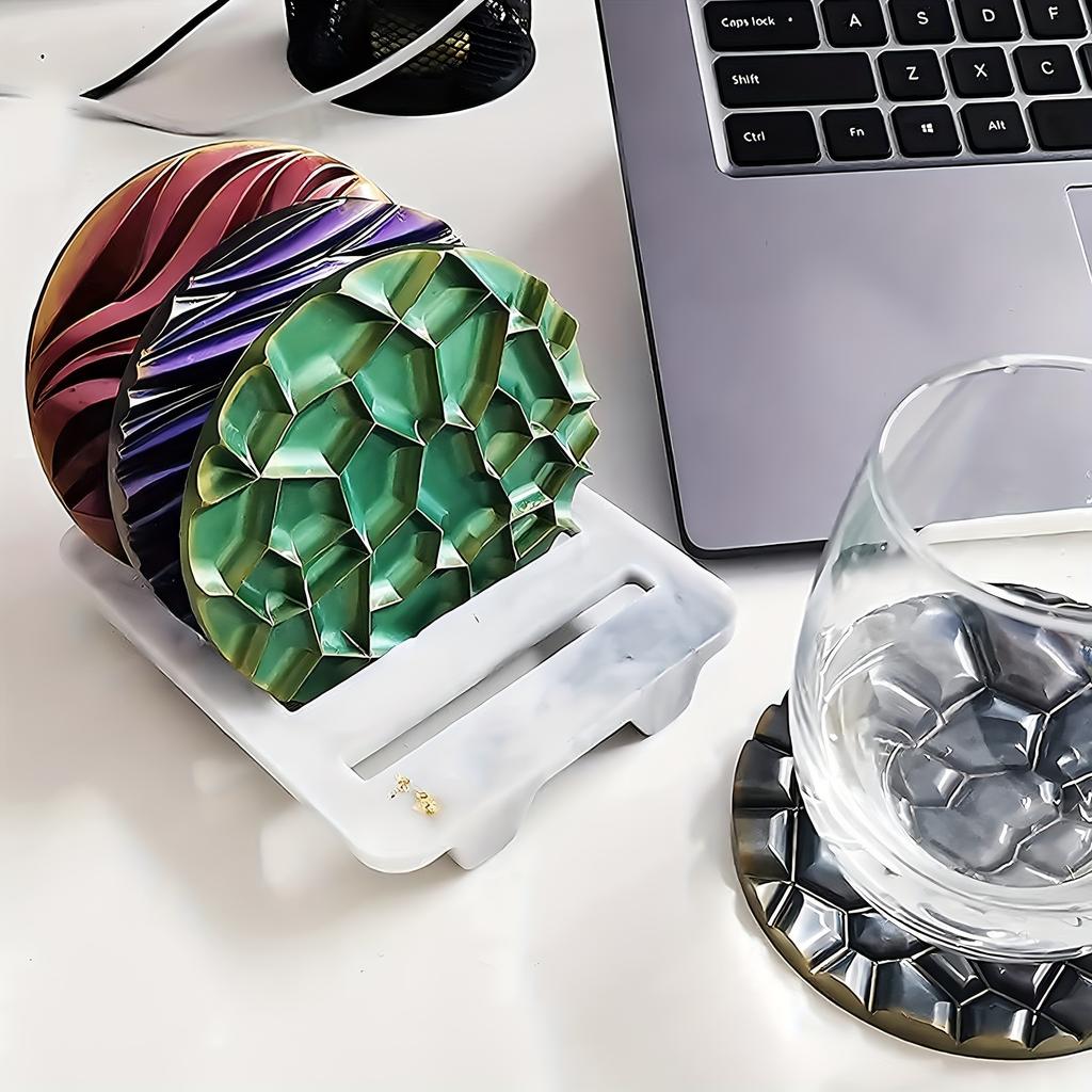 5 ks Pryskyřičná forma na podtácky, 4 ks Unikátní kulatá forma na pryskyřici s vlnami na podtácky, Epoxidová pryskyřice Lití Různé vzory s držákem, Silikonové formy na podtácky