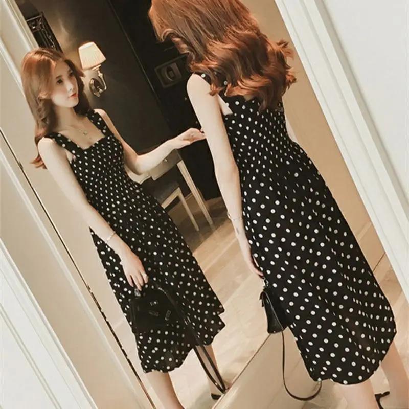 Summer Polka Dot Womens Dresses Elegant Square Neck Sleeveless Chiffon Long Dress